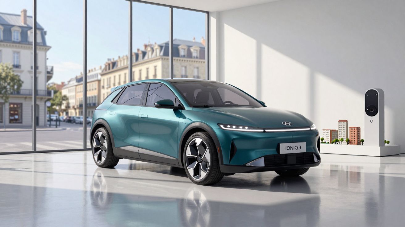 Carro elétrico Hyundai Ioniq 3 verde em showroom moderno com paredes de vidro e visão de cidade.