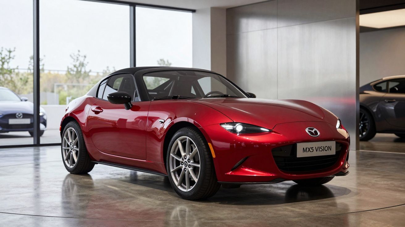 Carro esportivo Mazda MX-5 Vision vermelho em showroom moderno com piso de concreto polido.