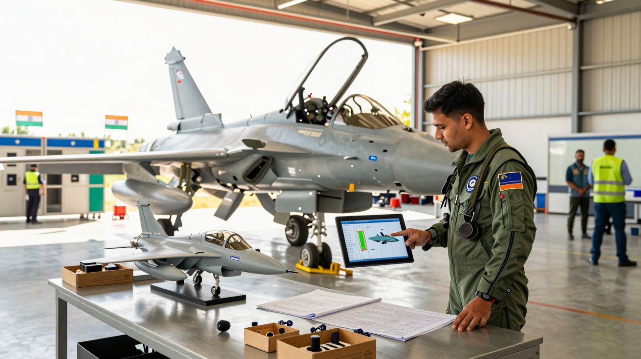 Homem em uniforme militar analisa dados de um caça em miniatura dentro de hangar com caça real ao fundo.